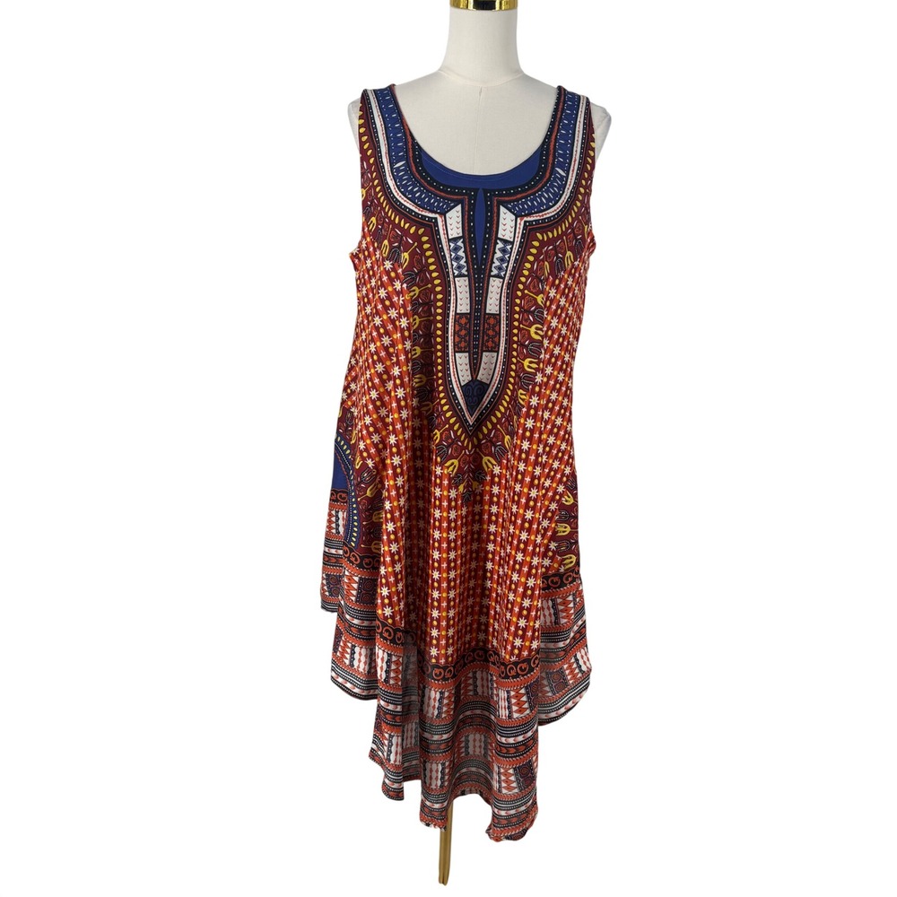 Exist Womens One Size Dashiki‎ Print High Low Sleeveless Rayon Dress Orange Blue